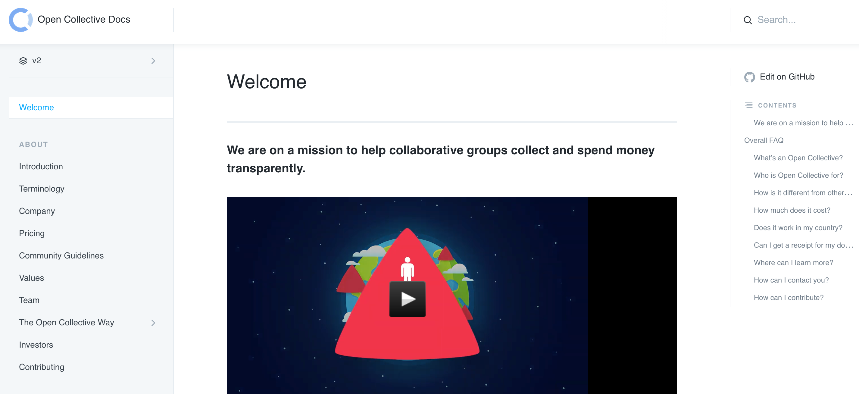 The new homepage of Open Collective's documentation shows their mission statement and a video explainer. Pages are now grouped by purpose or personas.