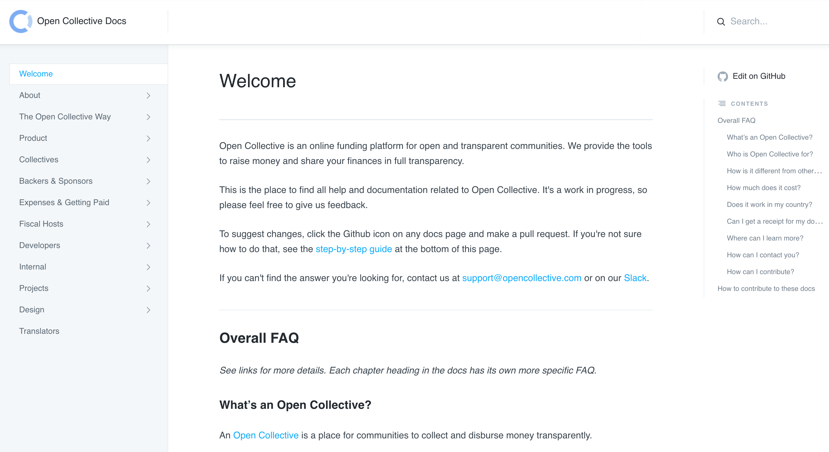The old homepage of Open Collective's documentation shows a lot of text and doesn't direct the reader to action right away. Pages are hidden under categories they may not understand.